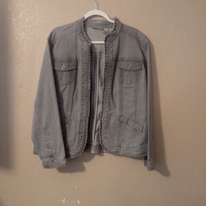 Chicos Platinum Gray Denim Jacket with Frayed Edges